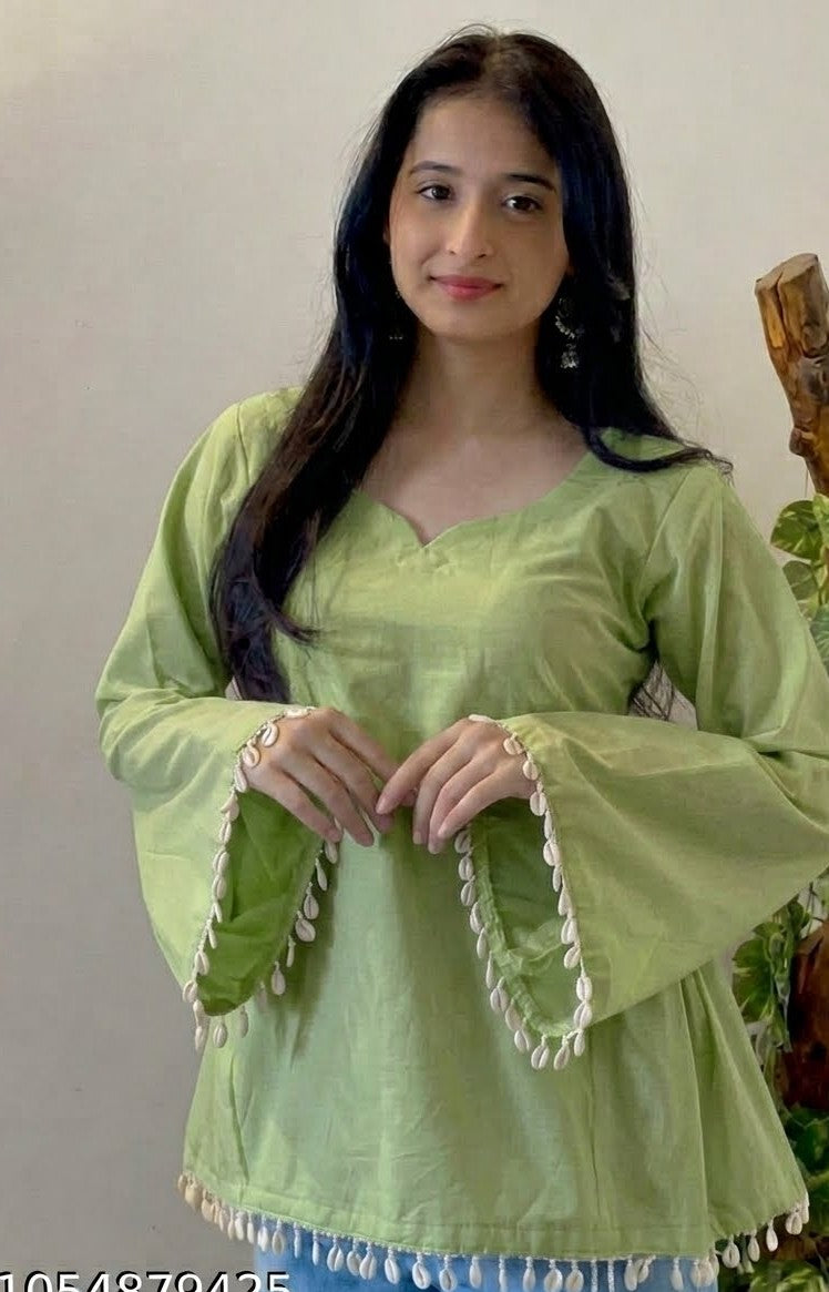 WOMEN PRINTED GREEN FLARE SLEEVE KURTI