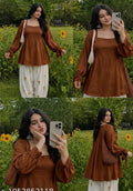 BROWN  SQUARE NECK FLARED PEPLUM KURTI FOR WOMEN ✨